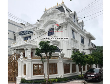 Thi công biệt thự lâu đài 2 tầng tân cổ điển mái mansard 13x17m có tầng hầm & thang máy và 5 phòng ngủ ở Bà Rịa Vũng Tàu