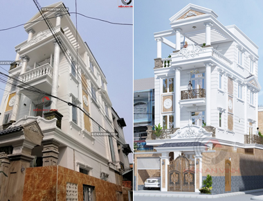 Thi công biệt thự tân cổ điển 3 tầng 1 tum 2 mặt tiền 8x15m có gara ô tô và 5 phòng ngủ Quận 12