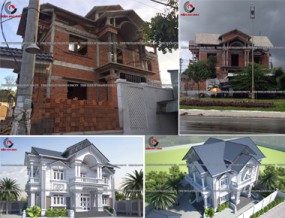 Thi công biệt thự tân cổ điển 2 tầng mái thái có 2 mặt tiền 9x17m có sân vườn và 4 phòng ngủ ở Bến Lức