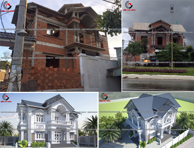 Thi công biệt thự tân cổ điển 2 tầng mái thái có 2 mặt tiền 9x17m có sân vườn và 4 phòng ngủ ở Bến Lức
