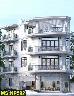 Thiết kế nhà tân cổ điển 3 tầng 2 mặt tiền mái bằng hiện đại 5x15m có thang máy và kết hợp quán cafe ở Quận 12