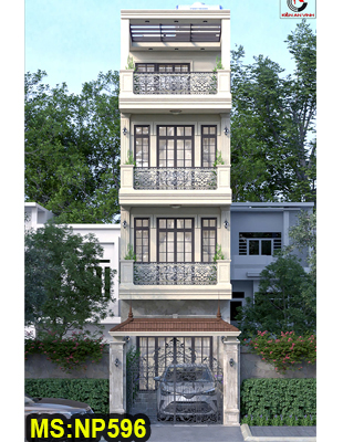 Mẫu thiết kế nhà ống 3 tầng 1 tum 4x19m tân cổ điển hiện đại có sân trước đổ ô tô 6m ở P. Thới An